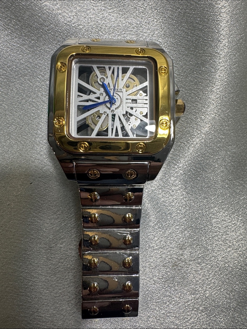New!🔥Cartier Men's Two-Tone Skeleton Dial Watch with Blue Hands!🔥